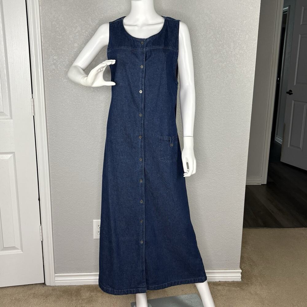 Vintage 90s Denim Maxi Dress Button Front Sleeveless Cotton Pockets Size M